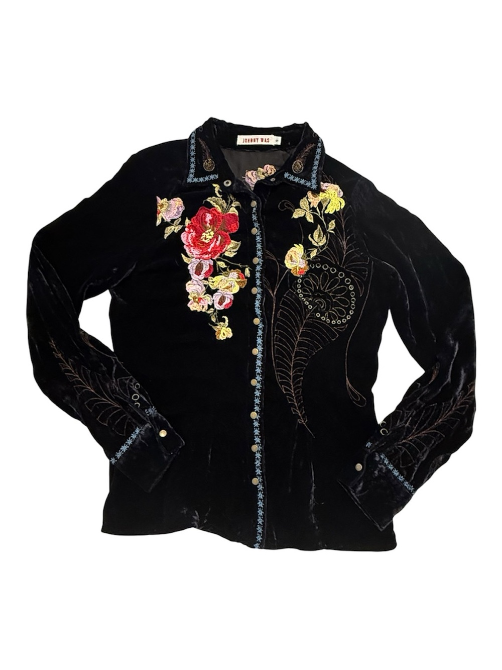 Johnny Was Velvet Shirt/Jacket Size Small Black with Vibrant Bohemian Embroidere